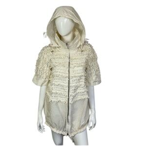 Ermanno Scervino Cream Ruffle Short Lagenlook  Zip Hooded Oversized Top Jacket S